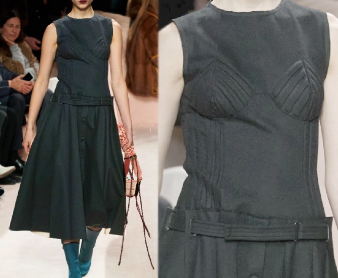 декоративная отстрочка платья, фото модного повседневного весеннего платья 2021 года от бренда Фэнди - с заниженной линией талии и расклешенной юбкой