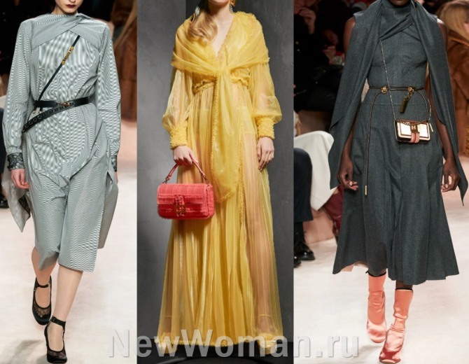 платья с палантинами от Fendi - коллекция осень-зима 2020-2021, подиум