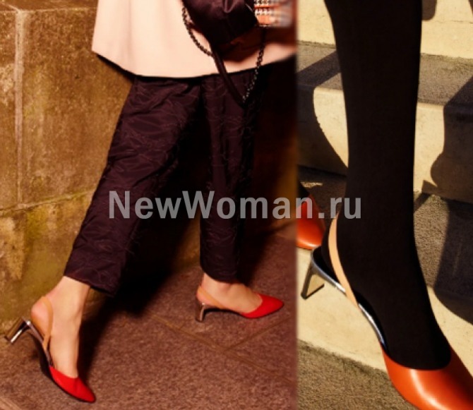 красные туфли слингбэки с каблуком-дощечкой из металла желтого цвета - модели из обувной коллекции 2023 года Longchamp FALL 2022 READY-TO-WEAR, Франция
