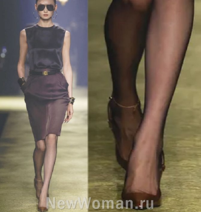 модные аксессуары к узкой юбке коричневого цвета с черным ремнем и черным минималистическим топом, обувь - лаковые лодочки