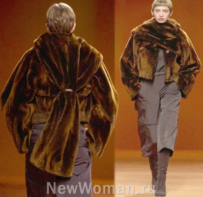 женская короткая куртка до талии из искусственного мутона с палантином и широкими рукавами - мода 2024 года из Франции