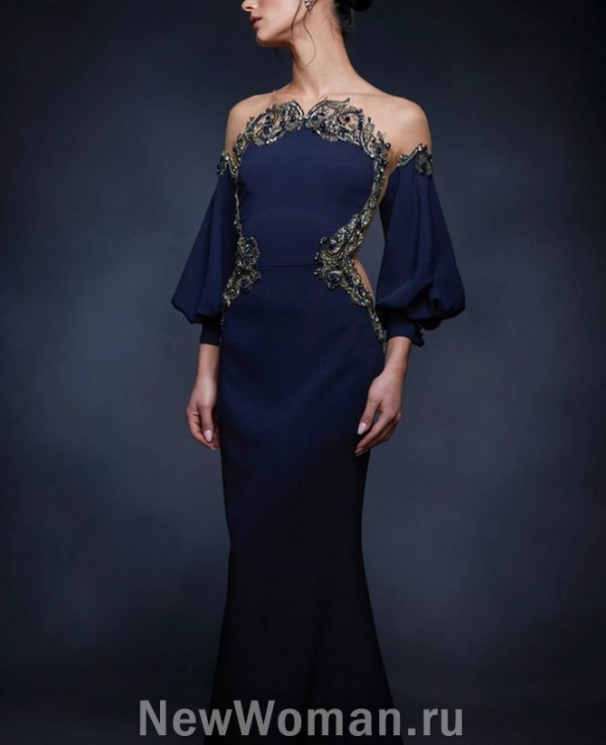 бальное приталенное платье темно-синего цвета с основой из прозрачной сетки