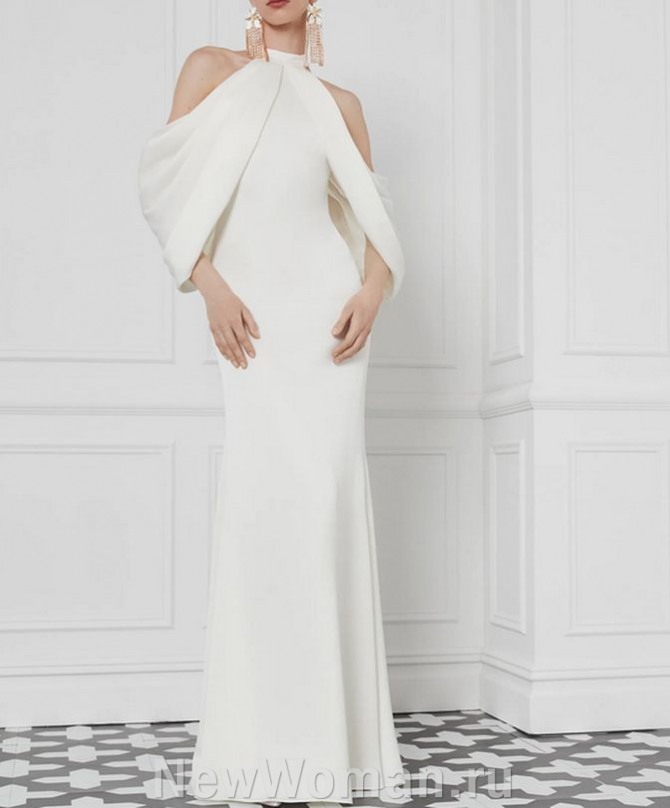 бальное белое платье макси с фантазийными рукавами