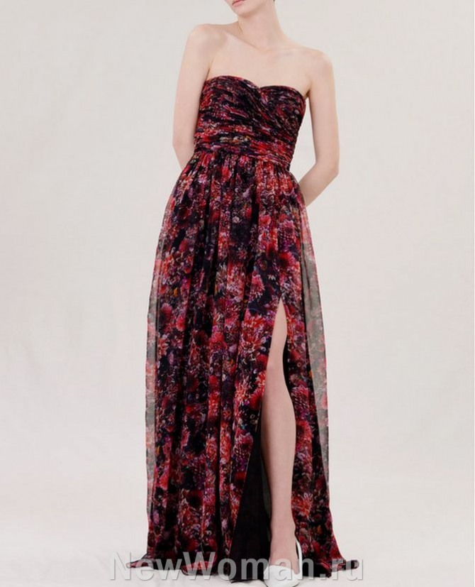 бальное платье с цветочным красно-черным принтом и драпированным лифом