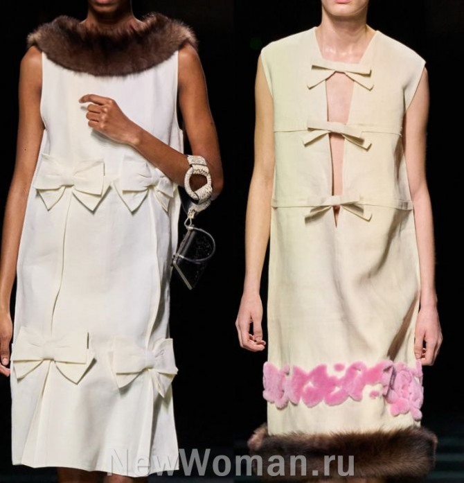 модный декор платьев 2025 года - банты и меховая отделка платья - идея от бренда Prada, FALL 2024 READY-TO-WEAR