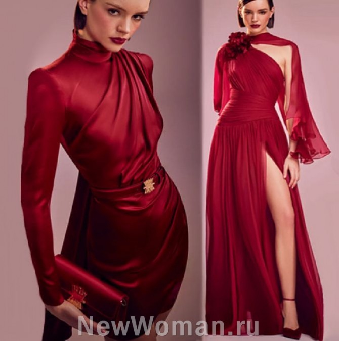 вечерние модные платья 2025 года винно-бордового цвета